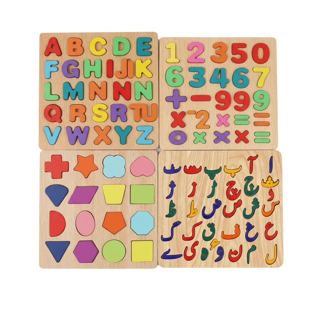 (Set of 4) Wooden Early Learning Puzzle Boards - English, Urdu, Math & Shapes