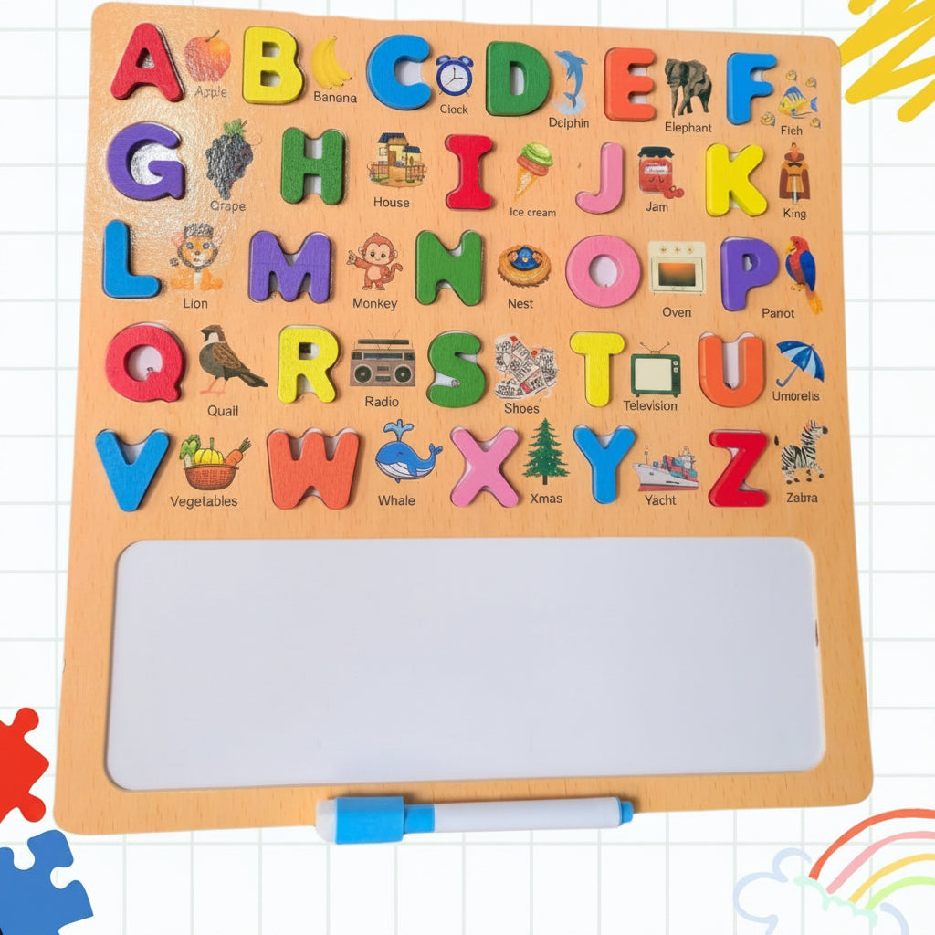 Wooden Alphabet Puzzle & Whiteboard Writing Tablet