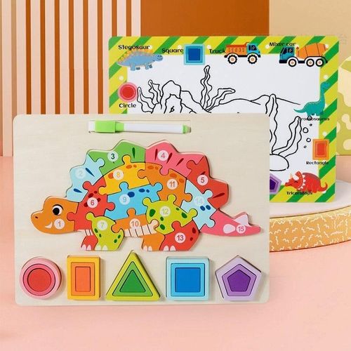 3-In-1 Wooden Stegosaurus Dinosaur Puzzle & Whiteboard