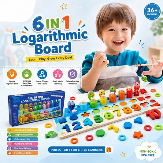 6 in 1 Wooden Logarithmic Board & Magnetic Fishing Toy