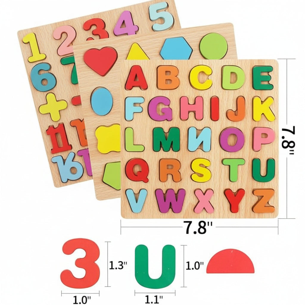 (Set of 3) Wooden Early Learning Puzzle Boards  - English, Math & Shapes