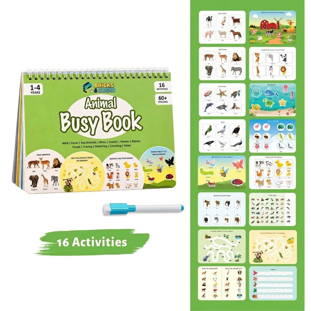 Animal Busy Book – 16 Interactive Reusable Activities (Ages 1 - 4 )
