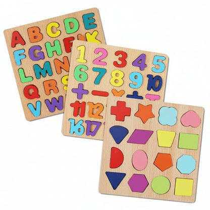 (Set of 3) Wooden Early Learning Puzzle Boards  - English, Math & Shapes