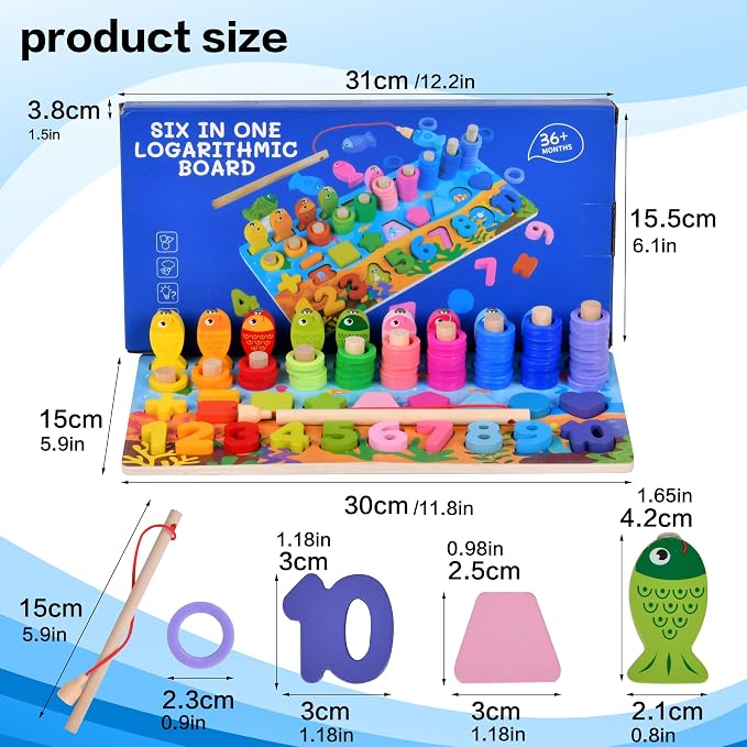 6 in 1 Wooden Logarithmic Board & Magnetic Fishing Toy