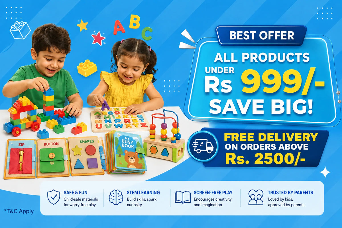 Promotional banner for a children's wooden toy set, featuring two young children playing with colorful wooden blocks and educational toys on a blue background with text offering best offer and additional free delivery.