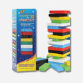 Wiss Toy wooden block stacking game with its blue retail box and a tall stack of colorful wooden blocks on a light gray background.