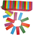 A set of colorful wooden blocks arranged with a wrapped bundle at the top and several loose blocks scattered below on a white background.