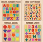 (Set of 4) Wooden Early Learning Puzzle Boards - English, Urdu, Math & Shapes