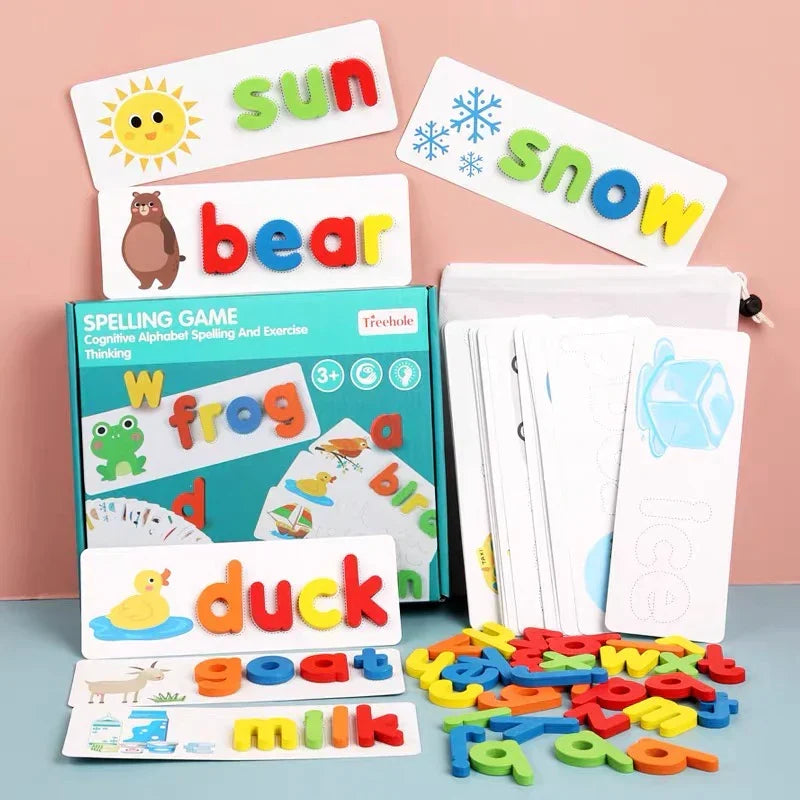Spelling Learning Game with Wooden Alphabets and Flash Cards
