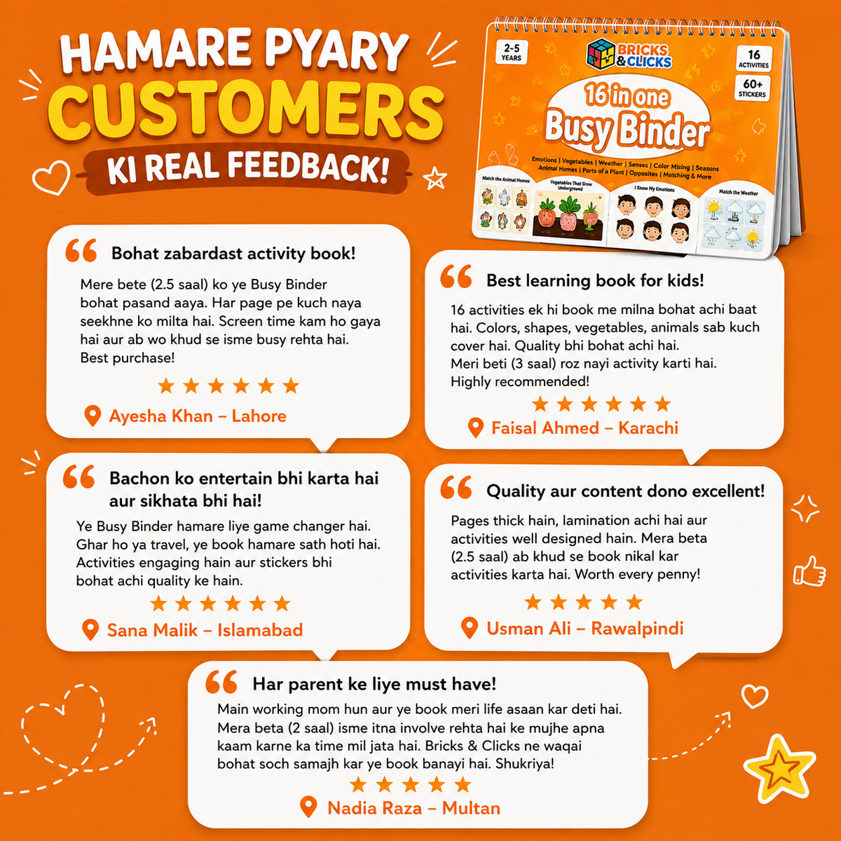 Promotional graphic for the 'Hamare Pyary Customers' 16-in-1 Busy Binder by Princi's Books & Cycles, featuring customer testimonials in Hindi on an orange background.