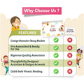 A promotional comparison graphic for a children's busy binder. The top text reads 'Why Choose Us?' and a central table compares the product's features, such as 'Comprehensive Busy Binder,' 'Pre-Assembled & Ready for Use,' 'Rigorous Quality Assurance,' 'Thoughtfully Designed Activities & Unique Artwork,' and 'Child-Safe Plastic Binding,' with green checkmarks, red X marks, and a small product photo of the binder.