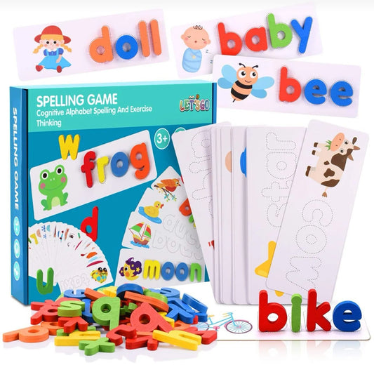 Spelling Learning Game with Wooden Alphabets and Flash Cards