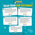 A promotional infographic in Urdu and English for 'Bricks & Clicks' featuring customer testimonials, product photos of building block sets, and product details on a bright teal background.
