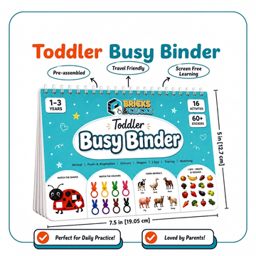 Toddler Busy Binder activity book by Bricks & Bunnies, shown standing open on a white background with measurement labels indicating 5 in (12.7 cm) height and 7.