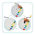 Educational tool with concentric circles for writing practice, showing steps to write, repeat, and wipe & clean.
