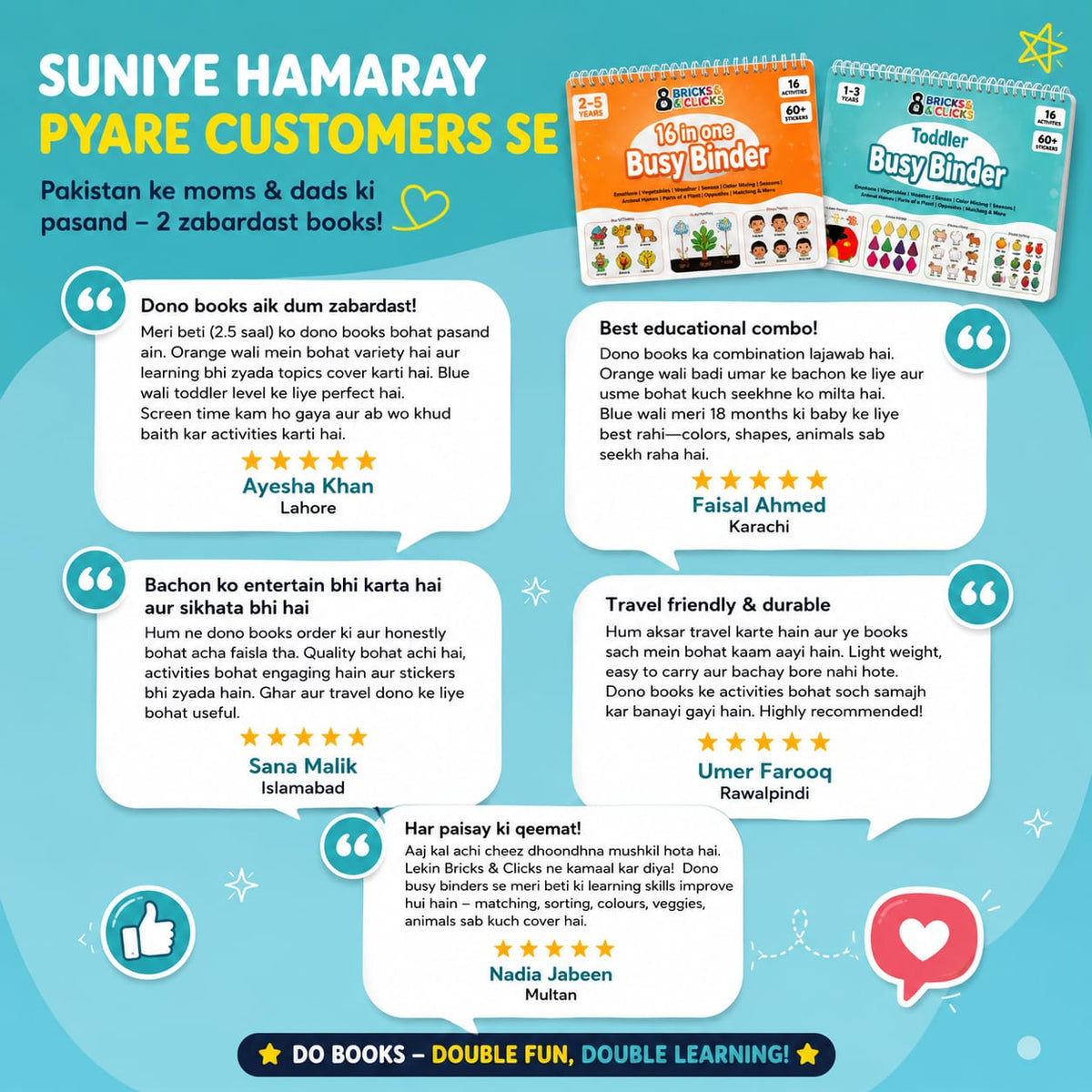 A promotional flyer in Urdu and English for children's books, featuring three product covers (Dono Books, Langham BusyCinder, and Toddler BusyCinder) with customer reviews, star ratings, and thumbs up icons on a light blue background.