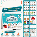 Toddler Busy Binder activity book by Bricks & Clicks shown on a white background with promotional text and sample activity sheets. The binder cover is teal and white with colorful animal and object illustrations, and the surrounding panels show included activity pages such as wild animals, farm animals, sea animals, fruits and vegetables, and sorting activities.