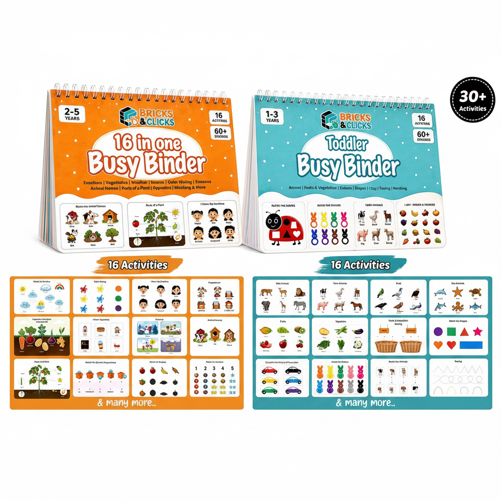 Two educational activity binders from Bricks & Bucks shown on a white background: an orange '16 in one Busy Binder' and a blue 'Toddler Busy Binder.' Smaller panels below show sample activity grids and text noting 16 activities and 2+ many more.