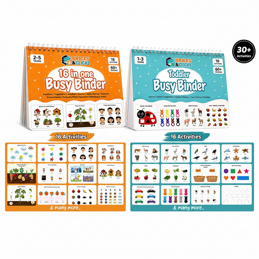 Two educational activity binders from Bricks & Bucks shown on a white background: an orange '16 in one Busy Binder' and a blue 'Toddler Busy Binder.' Smaller panels below show sample activity grids and text noting 16 activities and 2+ many more.