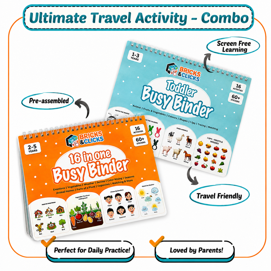 Promotional graphic for a Bricks & Clicks travel activity combo set, showing two pre-assembled spiral-bound activity books: a toddler busy binder in light blue and a 16-in-one busy binder in orange, with callout labels and badges around them on a white background.