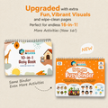 Promotional graphic for a Bricks & Clicks 10-in-1 Busy Book / 16 in one Busy Binder set, showing the front cover of the binder, a smaller sample cover, and marketing text on a warm beige background.