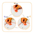 Instruction diagram showing how to use a circular white device with orange and red markings. The diagram includes three circular inset photos labeled 'Pick', 'Repeat', and 'Stick', with arrows indicating a repeating process.