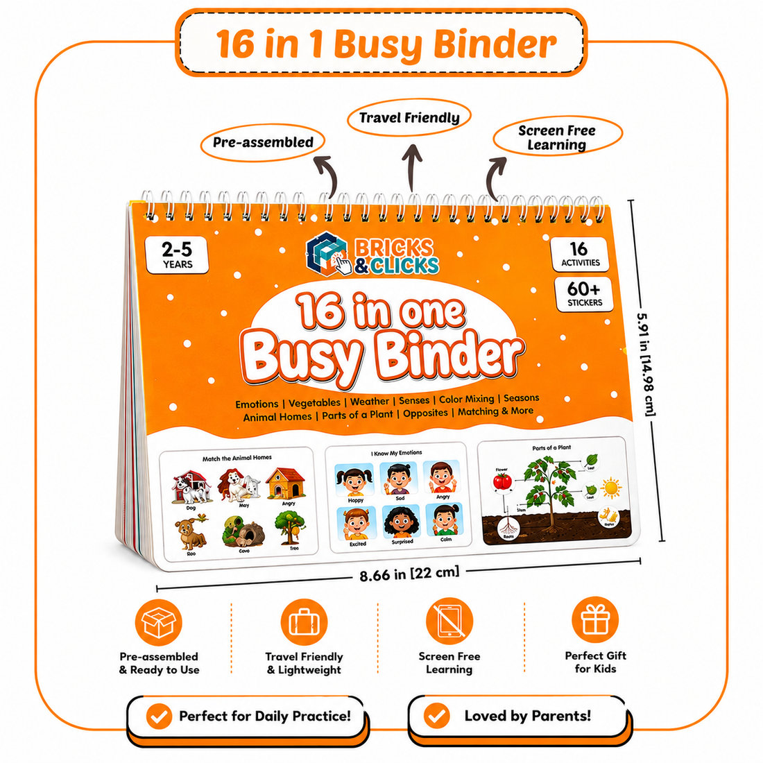 Bricks & Clicks 16 in 1 Busy Binder educational desk organizer shown on a white background with feature callouts and dimensions.