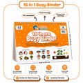 Bricks & Clicks 16 in 1 Busy Binder educational desk organizer shown on a white background with feature callouts and dimensions.