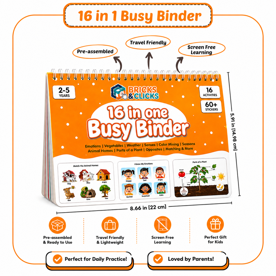 Bricks & Clicks 16 in 1 Busy Binder educational desk organizer shown on a white background with feature callouts and dimensions.