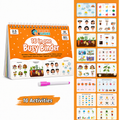 Bricks & Clicks 16 in one Busy Binder activity book for children, shown with its orange cover, a pink and white marker, and a collage of colorful activity pages on a white background.