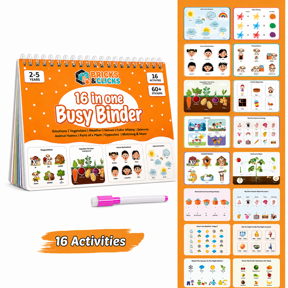 Bricks & Clicks 16 in one Busy Binder activity book for children, shown with its orange cover, a pink and white marker, and a collage of colorful activity pages on a white background.