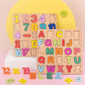 Wooden puzzle with colorful letters and numbers on a pink background