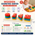 Wooden geometric sorter toy set with colorful stacked shape blocks on a natural wood base, shown with feature icons, dimensions, product details, included pieces, and usage benefits. A child is partially visible in a circular inset demonstrating the toy.