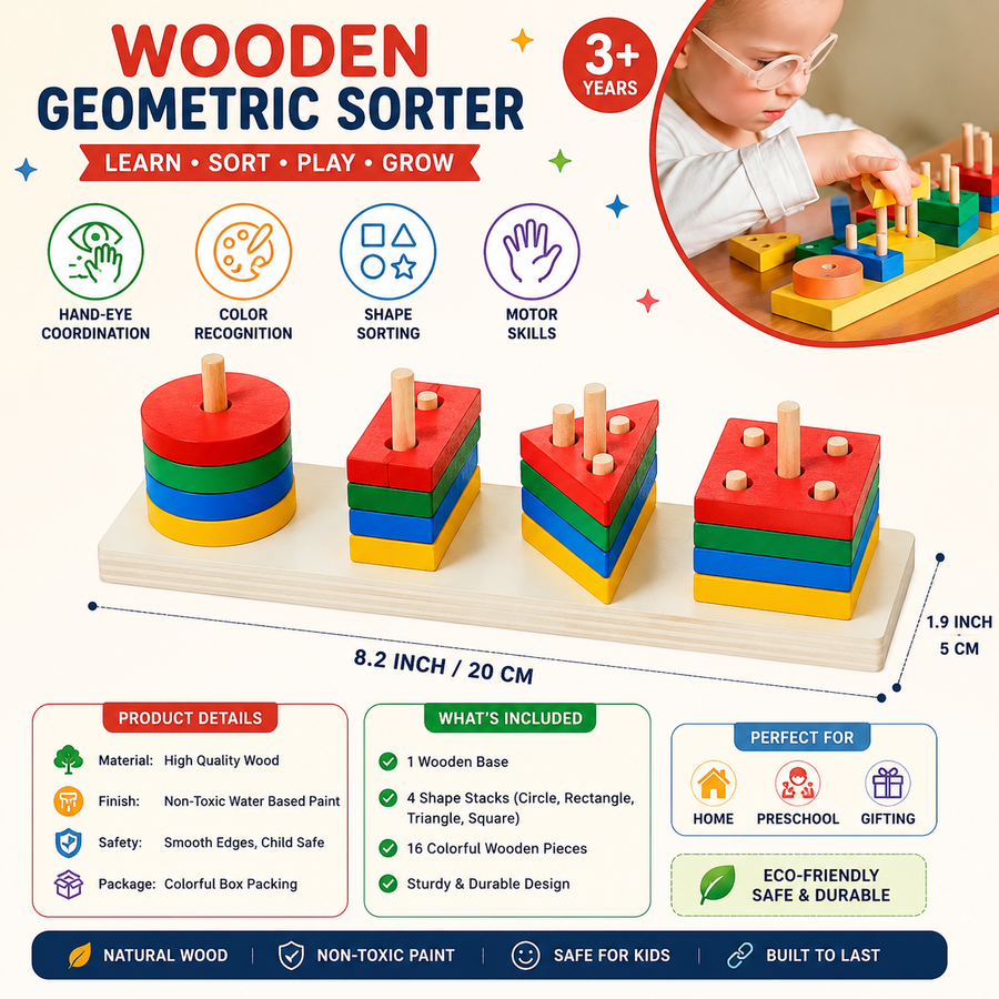 Wooden geometric sorter toy set with colorful stacked shape blocks on a natural wood base, shown with feature icons, dimensions, product details, included pieces, and usage benefits. A child is partially visible in a circular inset demonstrating the toy.