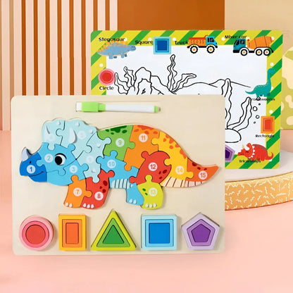 3-In-1 Wooden Stegosaurus Dinosaur Puzzle & Whiteboard