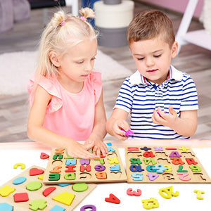 (Set of 4) Wooden Early Learning Puzzle Boards - English, Urdu, Math & Shapes