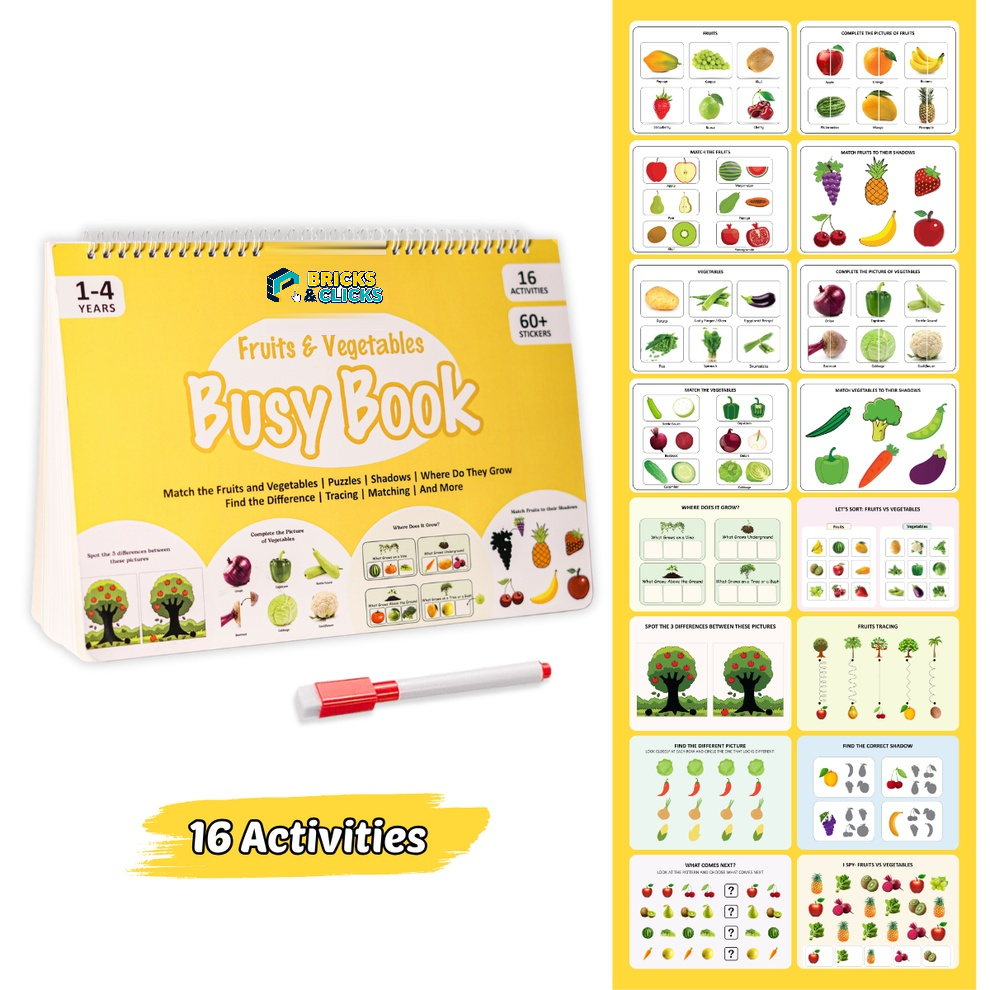 Fruits & Vegetables Busy Book – 16 Interactive Reusable Activities (Ages 1–4)