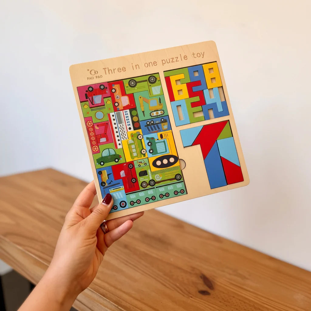 3-in-1 Wooden Educational Geometric Puzzle Toy for Kids