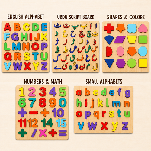 (Set of 5) Wooden Early Learning Puzzle Boards - English, Urdu, Math & Shapes