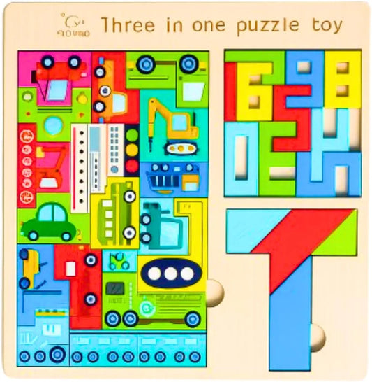 3-in-1 Wooden Educational Geometric Puzzle Toy for Kids