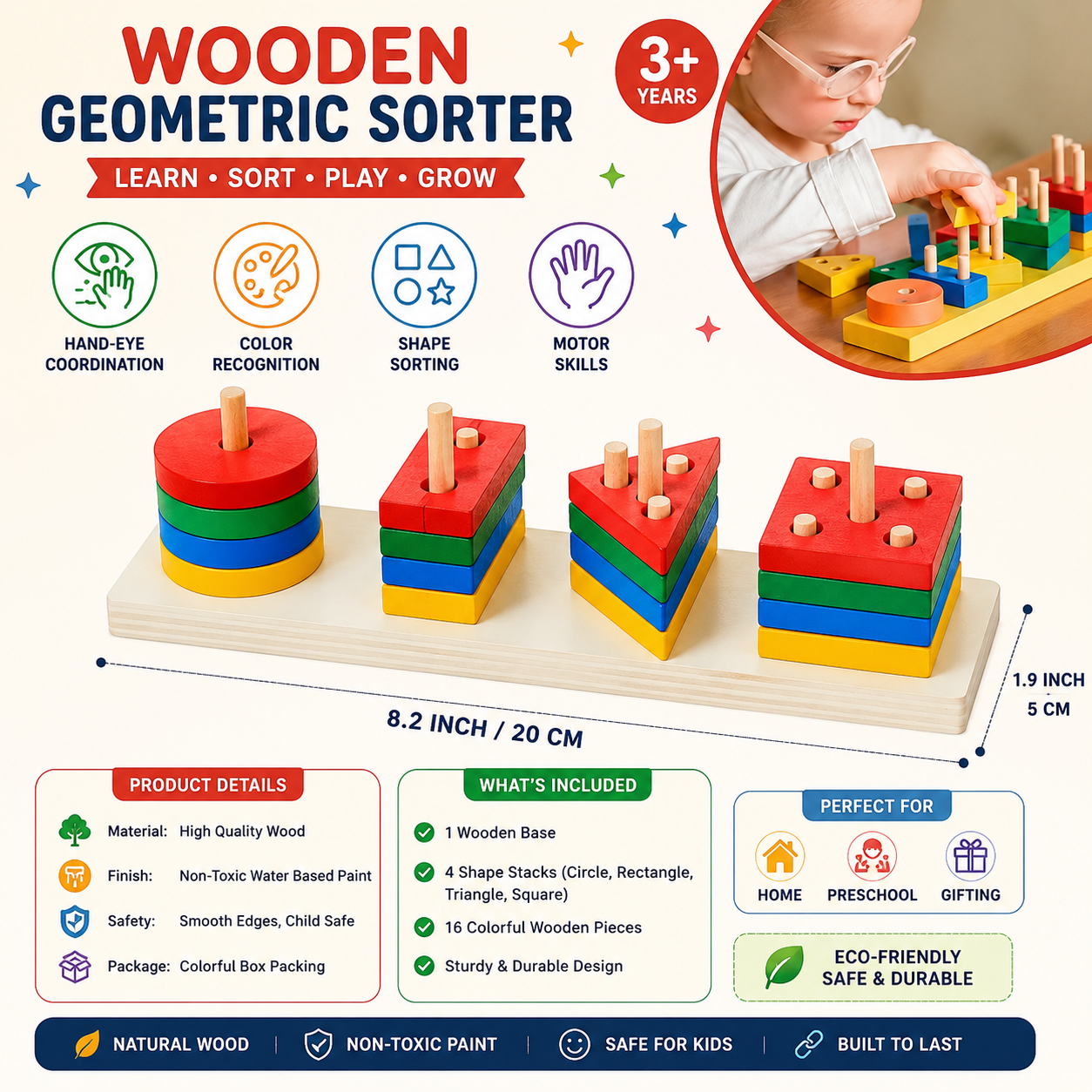 Wooden Geometric Sorter Shape & Color Matching Toy