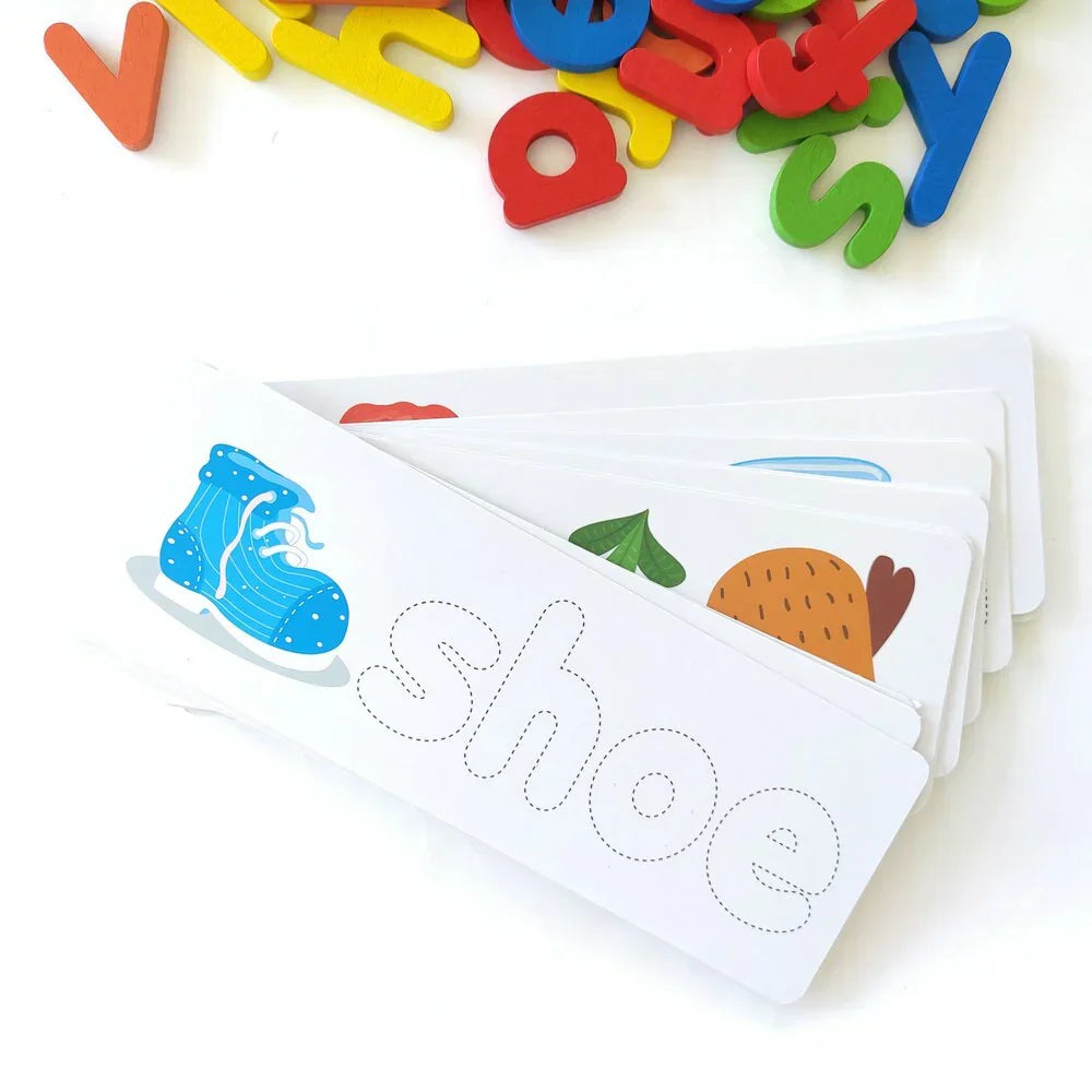 Spelling Learning Game with Wooden Alphabets and Flash Cards